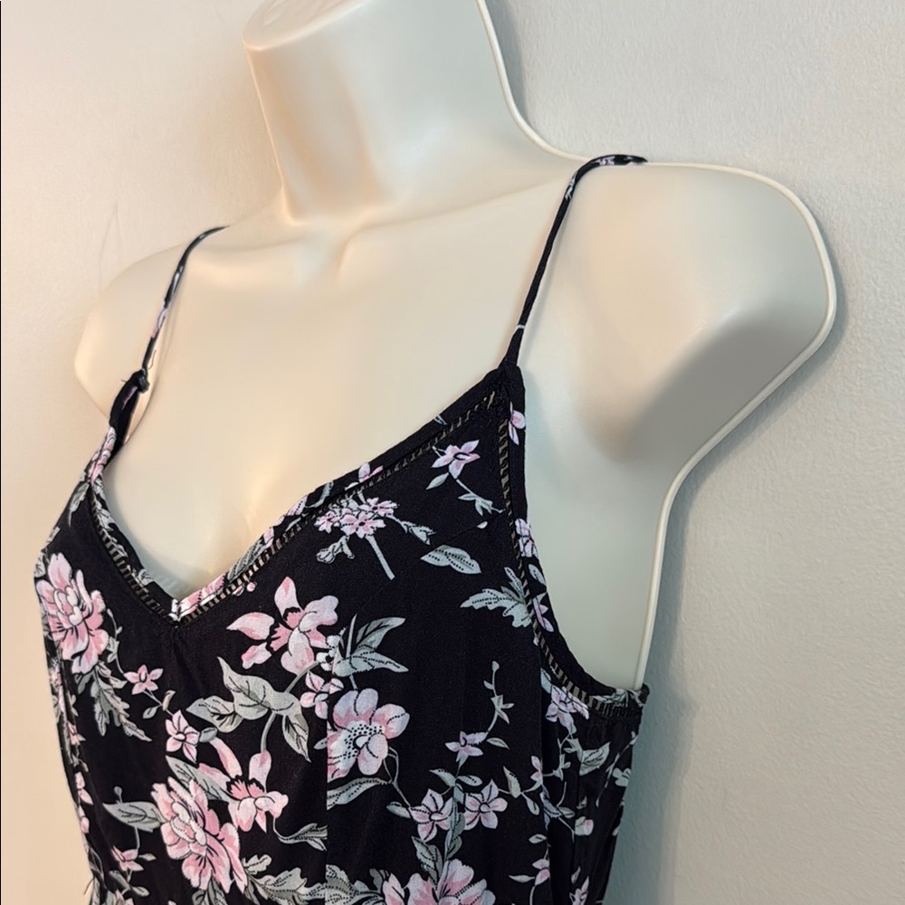 Lulus Chic Black Midi Slip Dress with Pink Floral Print with side slit Small - Picture 9 of 16
